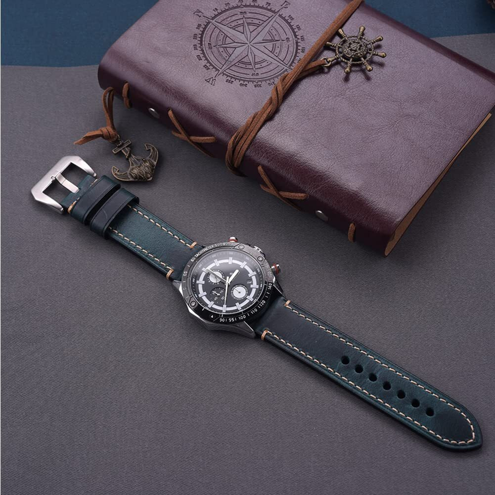 Eache 26Mm Leather Watch Bands Thick Imported Oil Waxed Leather Watch Straps Blue With Silver Buckle