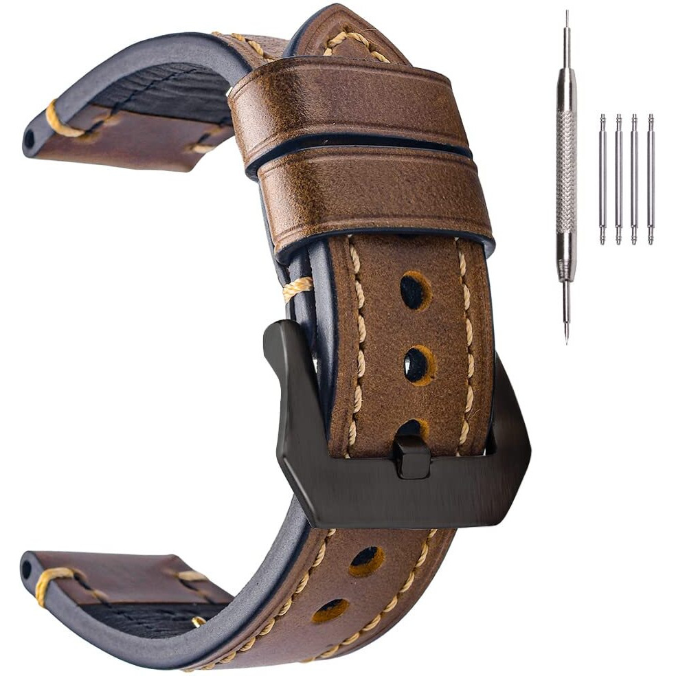Eache 22Mm Brown Genuine Leather Watch Bands Imported Oil Waxed Leather Thick Leather Watch Straps Black Buckle