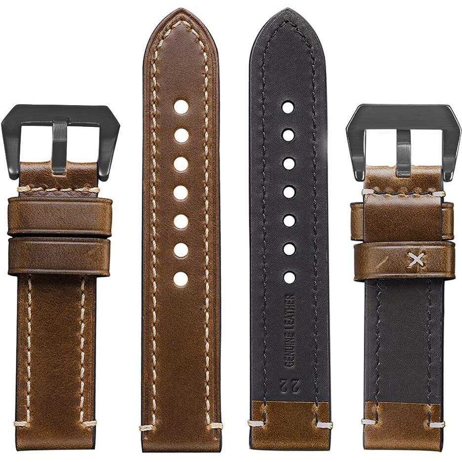 Eache 24Mm Brown Genuine Leather Watch Bands Imported Oil Waxed Leather Thick Leather Watch Straps Black Buckle