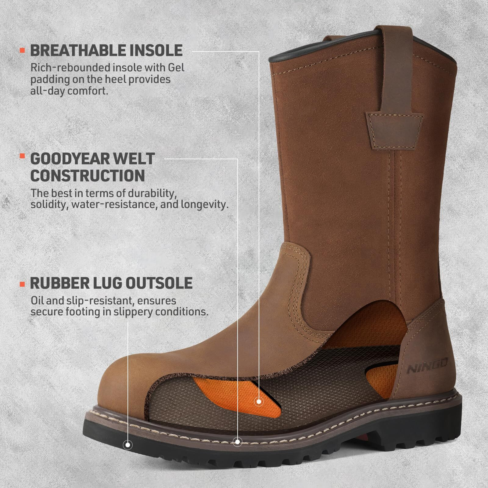 Hisea Ningo Mens Work Boots, Wellington Boots With Full-Grain Leather, Oil And Slip Resistant, Hazard Protection, Pull On Work Boots For Men, For Construction, Farming