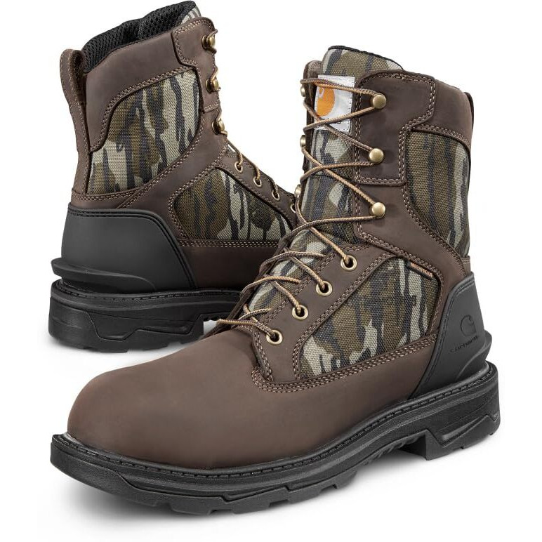 Carhartt Ironwood Waterproof Work Boots For Men - 8-Inch, Reinforced Oil-Tanned Leather With Breathable Membrane, Eh & Slip-Resistant Outsoles, Dark Brown/Mossy Oak - 14
