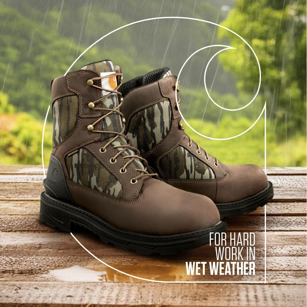 Carhartt Ironwood Waterproof Work Boots For Men - 8-Inch, Reinforced Oil-Tanned Leather With Breathable Membrane, Eh & Slip-Resistant Outsoles, Dark Brown/Mossy Oak - 14