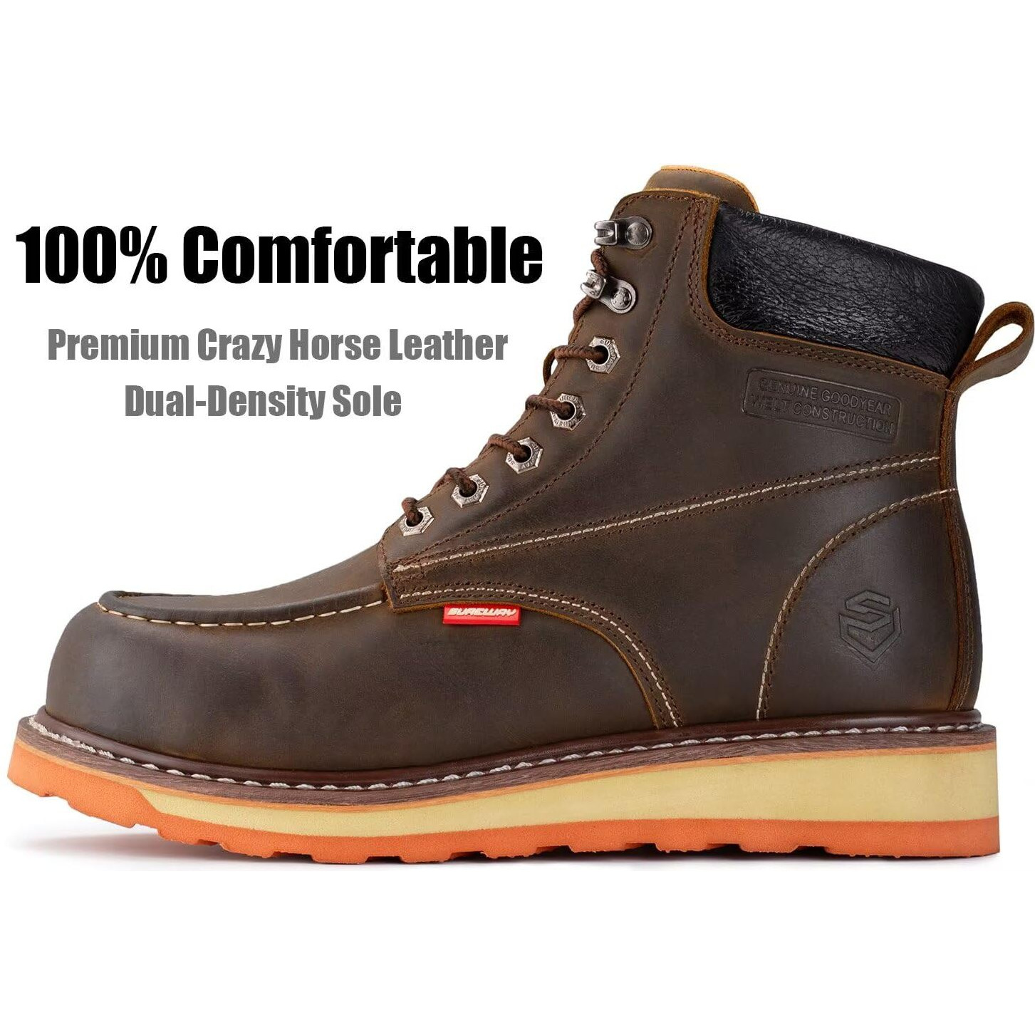 Sureway 6    Mens Heavy Duty Steel/Composite/Soft Toe Work Boots For Men,Goodyear Welt,Extremely Comfortable Durable Proved,Superior Oil/Slip Resistant,Thicker Leather,Wedge Sole,Moc Toe Work