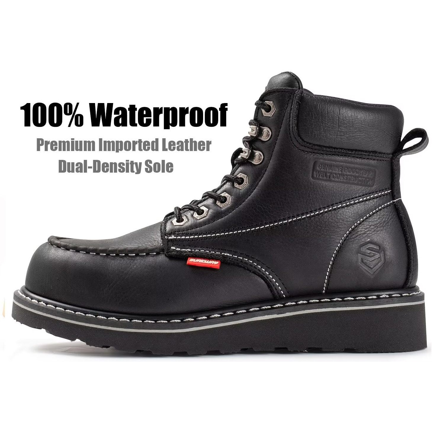Sureway 6    Waterproof Mens Heavy Duty Soft Toe Work Boots For Men,Goodyear Welt,Comfortable & Durable,Oil/Slip Resistant,Full Grain Leather,Eh Safety,Wedge Moc Toe Industrial Construction Black