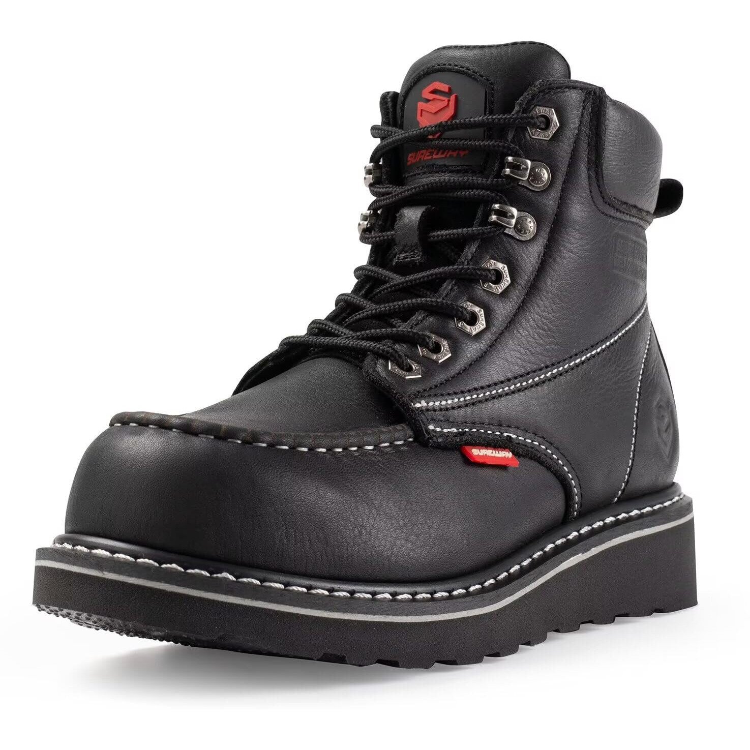 Sureway 6    Waterproof Mens Heavy Duty Soft Toe Work Boots For Men,Goodyear Welt,Comfortable & Durable,Oil/Slip Resistant,Full Grain Leather,Eh Safety,Wedge Moc Toe Industrial Construction Black