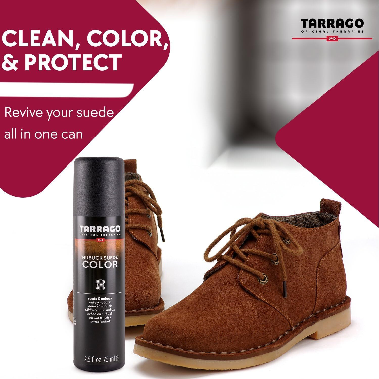Tarrago Nubuck Suede Colour Renovator - Renews Color Of Suede & Nubuck Footwear - Contains Synthetic Polymer And Vegetal Oil - Self-Applicator Bottle With Sponge, 75 Ml / 2.54Fl.Oz, Red