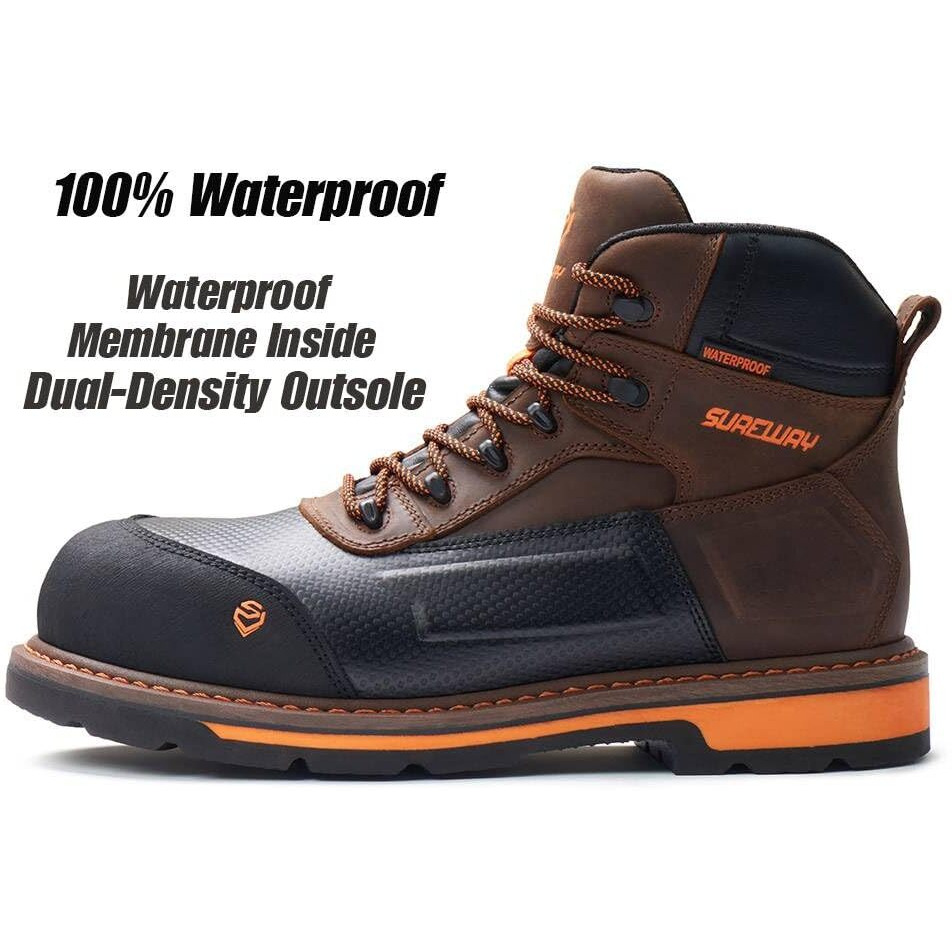 Sureway Men's 6"" Heavy Duty Soft Toe Waterproof Work Boot Goodyearwelt Oil/Slip Resistant Dual-Density Comfortable Outsole Crazy Horse Leather Eh Construction Industrial Safety Work Boots