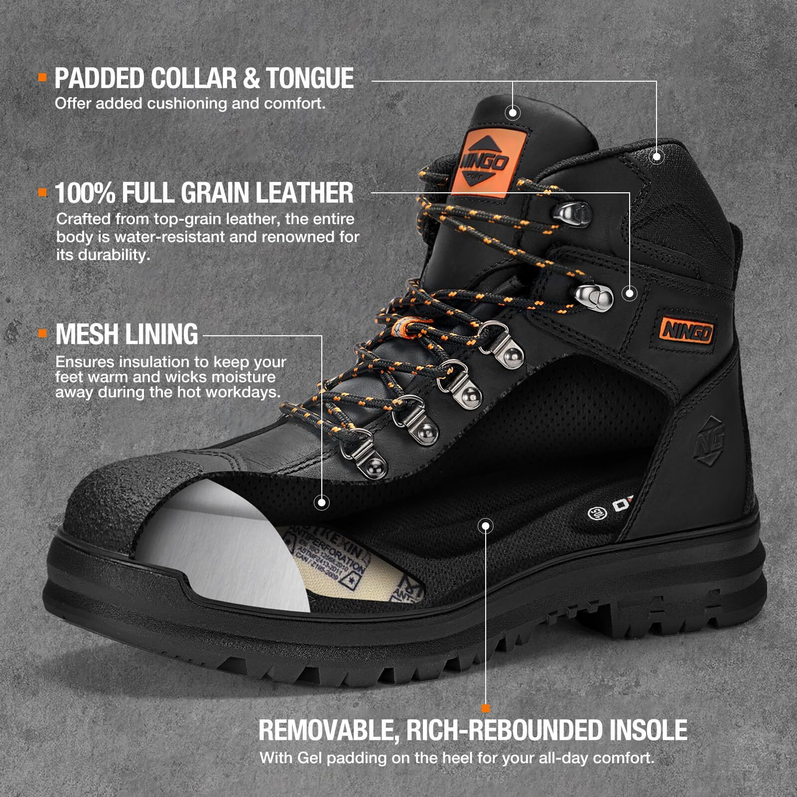 Ningo Mens Steel Toe Work Boots, Full Grain Leather, Oil And Slip Resistant, Puncture Proof Construction Boots With Breathable Lining, Anti-Static, Mens Safety Boots For Industrial, Warehouse