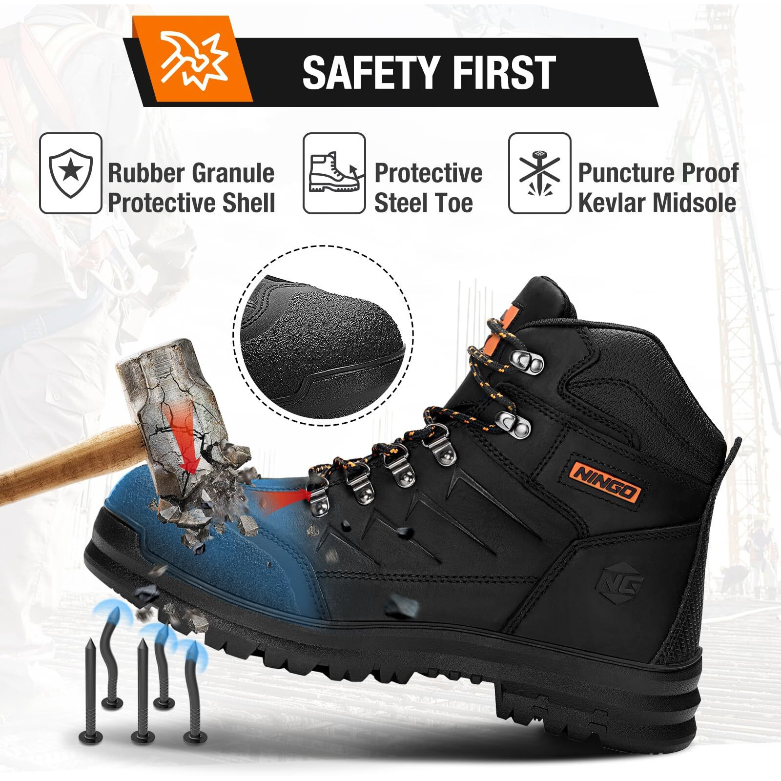Ningo Mens Steel Toe Work Boots, Full Grain Leather, Oil And Slip Resistant, Puncture Proof Construction Boots With Breathable Lining, Anti-Static, Mens Safety Boots For Industrial, Warehouse