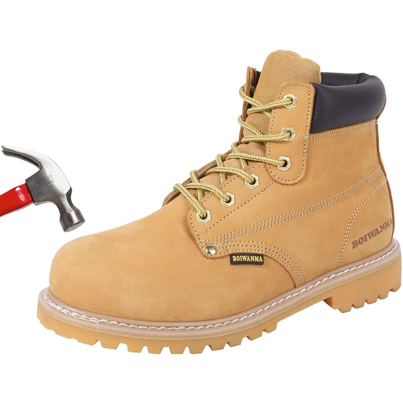 Boiwanma Work Boots For Men, Steel Toe, Leather, Oil, Slip And Heat Resistant Heavy Duty Wide Safety Boots, Us 7.5
