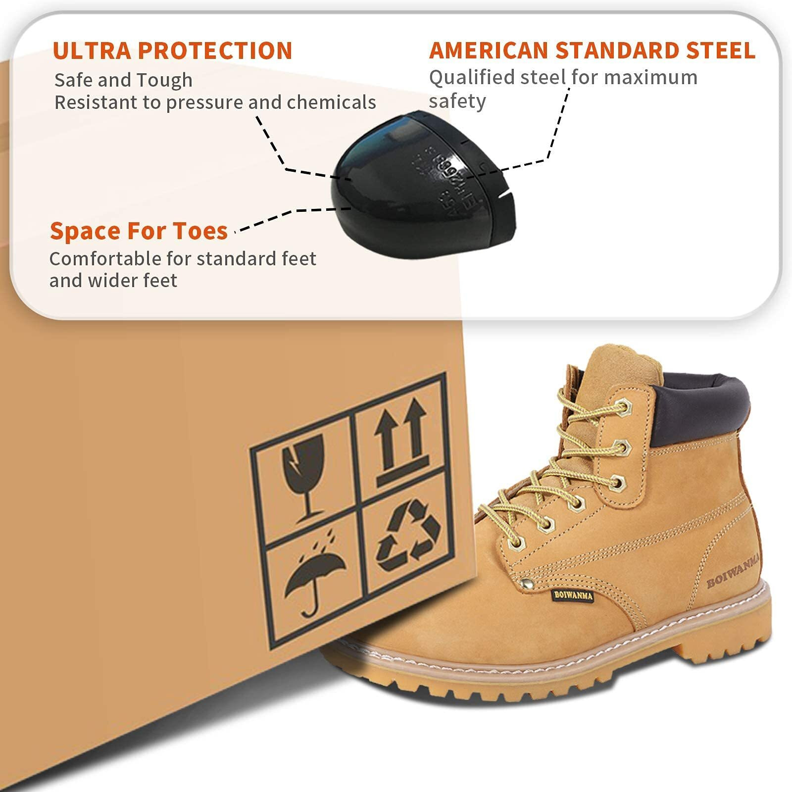 Boiwanma Work Boots For Men, Steel Toe, Leather, Oil, Slip And Heat Resistant Heavy Duty Wide Safety Boots, Us 7.5