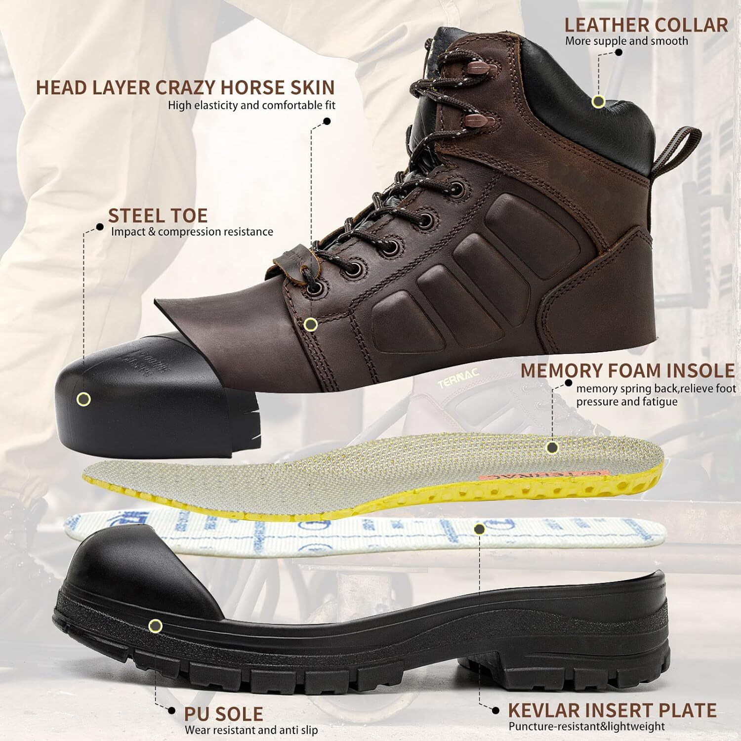 Aegiswarm 6"" Steel Toe Work Boots For Men Waterproof - Durable Oil Full Grain Cowhide Leather Steel Toe Boots, Non-Slip Industrial And Construction Safety Footwear 8