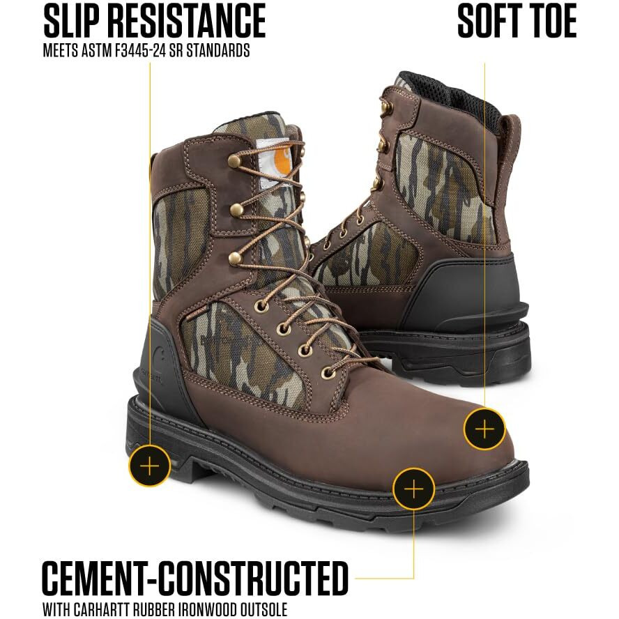 Carhartt Ironwood Waterproof Work Boots For Men - 8-Inch, Reinforced Oil-Tanned Leather With Breathable Membrane, Eh & Slip-Resistant Outsoles, Dark Brown/Mossy Oak - 11.5