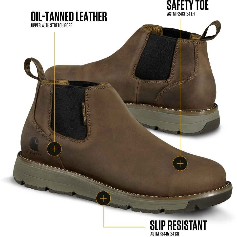 Carhartt Millbrook 4"" Romeo Steel Toe Wedge Work Boot - Work Boots For Men On The Move, Brown Oil Tanned Leather, Slip & Electrical Hazard Resistant, Fastdry, And Rain Defender, Brown - 10.5 W