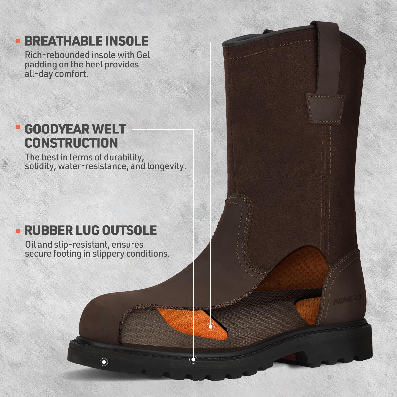 Hisea Mens Work Boots, Wellington Boots With Full-Grain Leather, Oil And Slip Resistant, Hazard Protection, Pull On Work Boots For Men, For Construction, Farming, 8