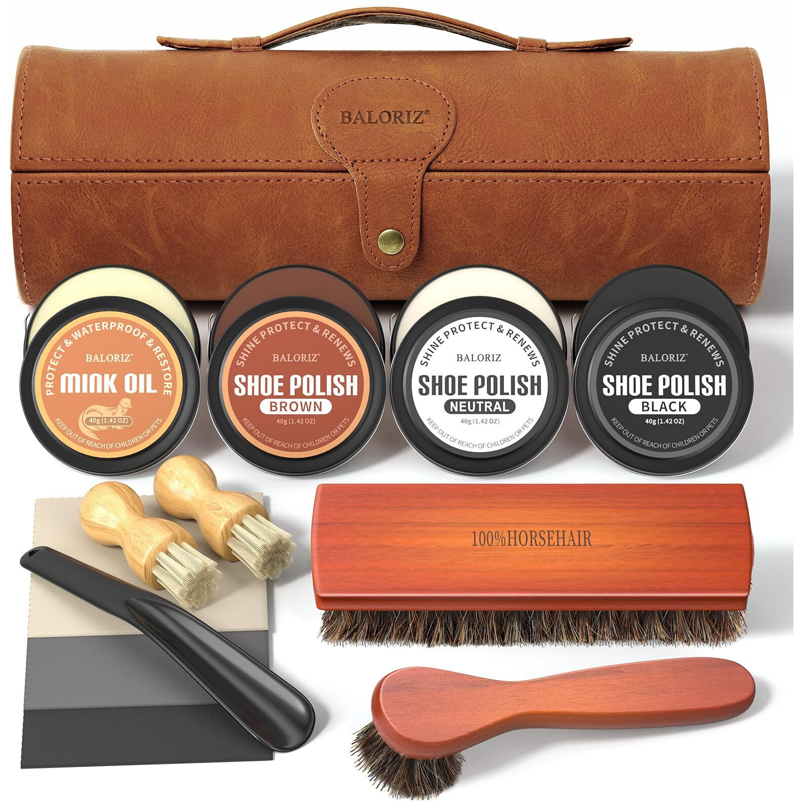 Baloriz Leather Shoe Polish Kit For Men & Women, 13Pcs Shoe Shine Kit With Shoe Polish, Mink Oil, Horsehair Brushes For Leather Boot Shoe Care Kit Christmas Birthday Gifts