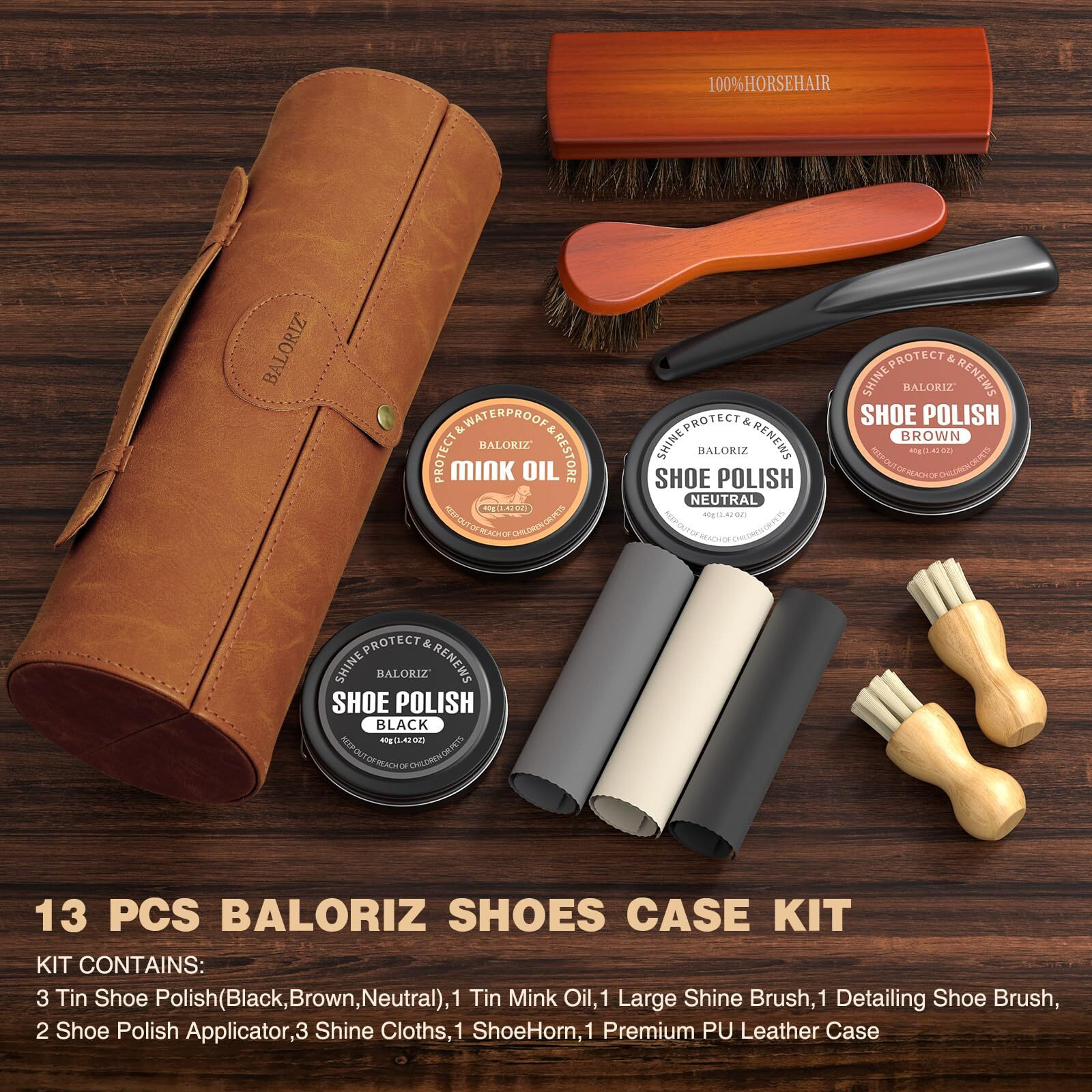 Baloriz Leather Shoe Polish Kit For Men & Women, 13Pcs Shoe Shine Kit With Shoe Polish, Mink Oil, Horsehair Brushes For Leather Boot Shoe Care Kit Christmas Birthday Gifts