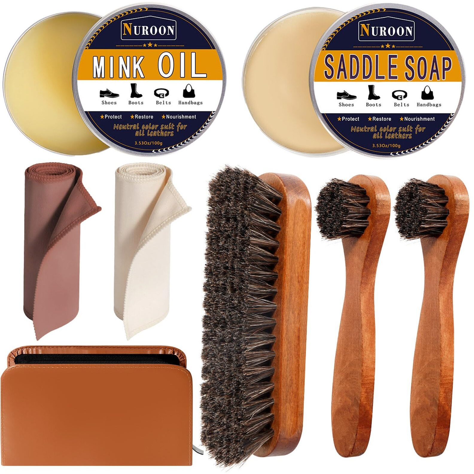 Nuroon 8 Pieces Shoe Polish Kit, 3.5Oz Saddle Soap For Leather Cleaning, 3.5Oz Mink Oil For Boots Polish, 3 Horsehair Shoe Brushes, Shoe Polish Cloths, Leather Cleaner And Conditioner