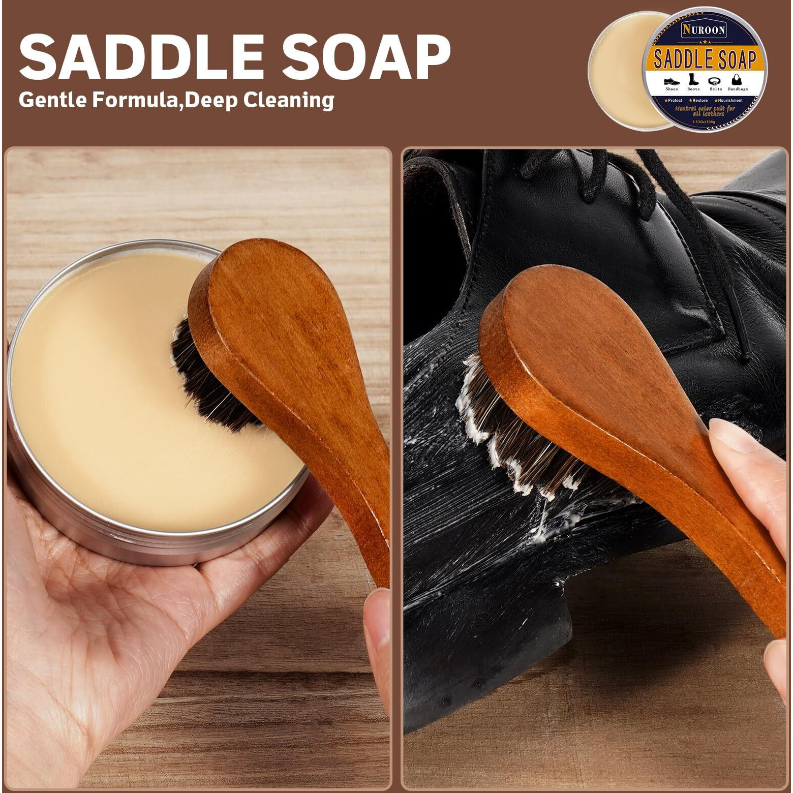 Nuroon 8 Pieces Shoe Polish Kit, 3.5Oz Saddle Soap For Leather Cleaning, 3.5Oz Mink Oil For Boots Polish, 3 Horsehair Shoe Brushes, Shoe Polish Cloths, Leather Cleaner And Conditioner