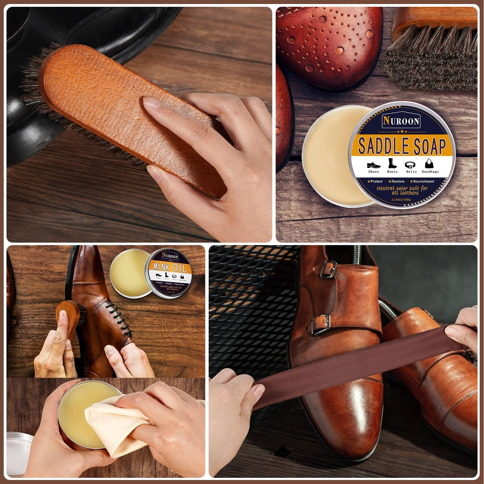 Nuroon 8 Pieces Shoe Polish Kit, 3.5Oz Saddle Soap For Leather Cleaning, 3.5Oz Mink Oil For Boots Polish, 3 Horsehair Shoe Brushes, Shoe Polish Cloths, Leather Cleaner And Conditioner