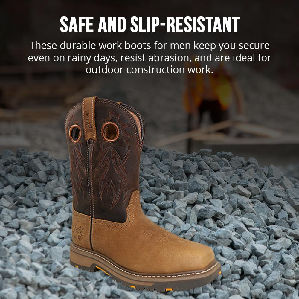 Wolf Genuine Leather Mens Work Boots - Insulated, Oil & Slip Resistant Construction Work Boots Men