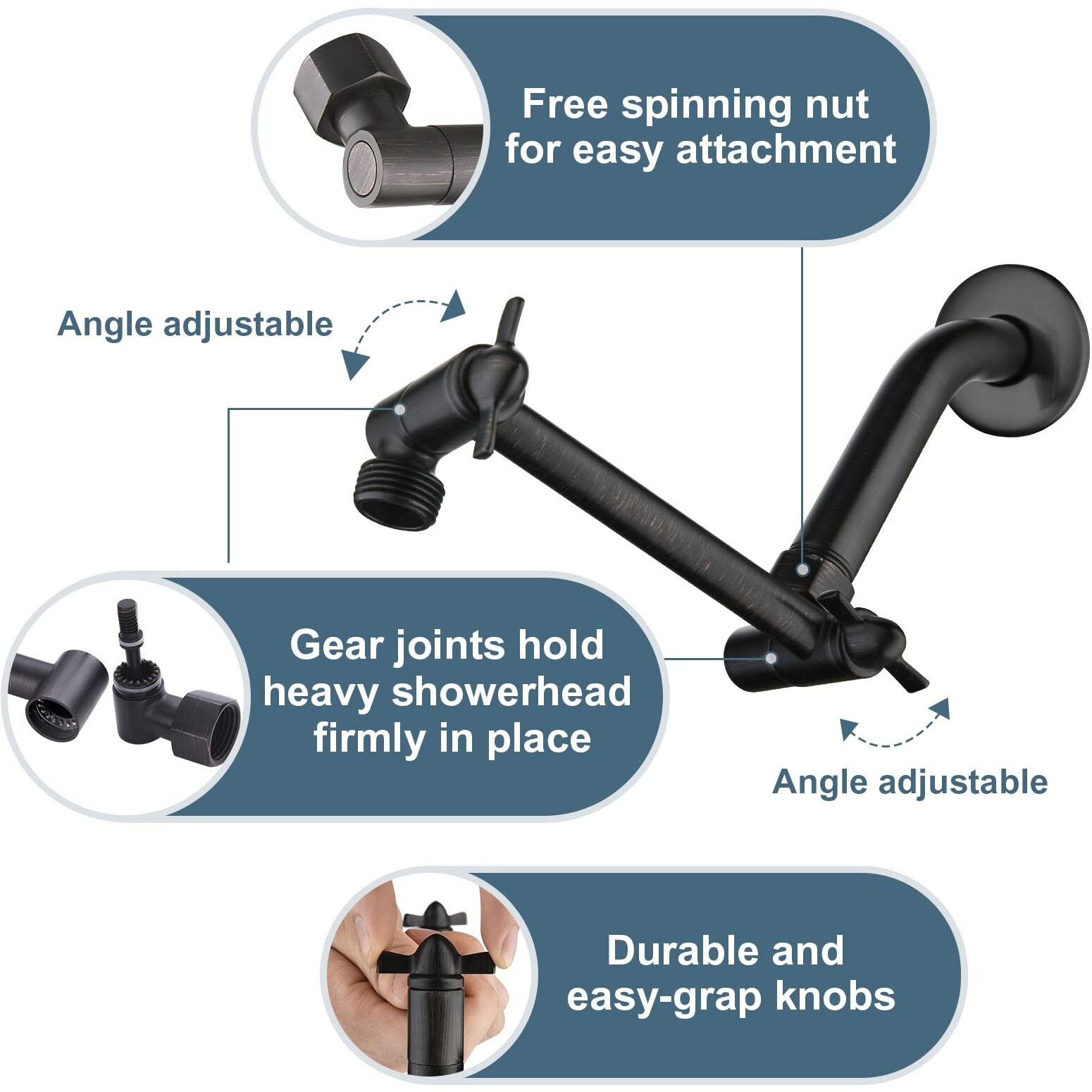Bright Showers Brass Shower Arm Extender For Rain And Handheld Shower Head, 5 Inch Universal Shower Head Extension Arm, Height & Angle Adjustable, Oil-Rubbed Bronze