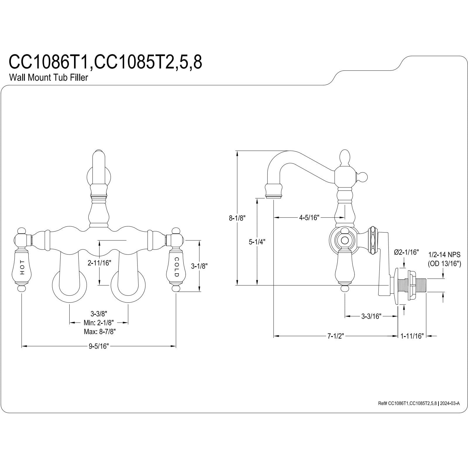 Kingston Brass Cc1085T5 Vintage Clawfoot Tub Faucet, 3-3/8-Inch To 9-Inch Adjustable Spread, Oil Rubbed Bronze