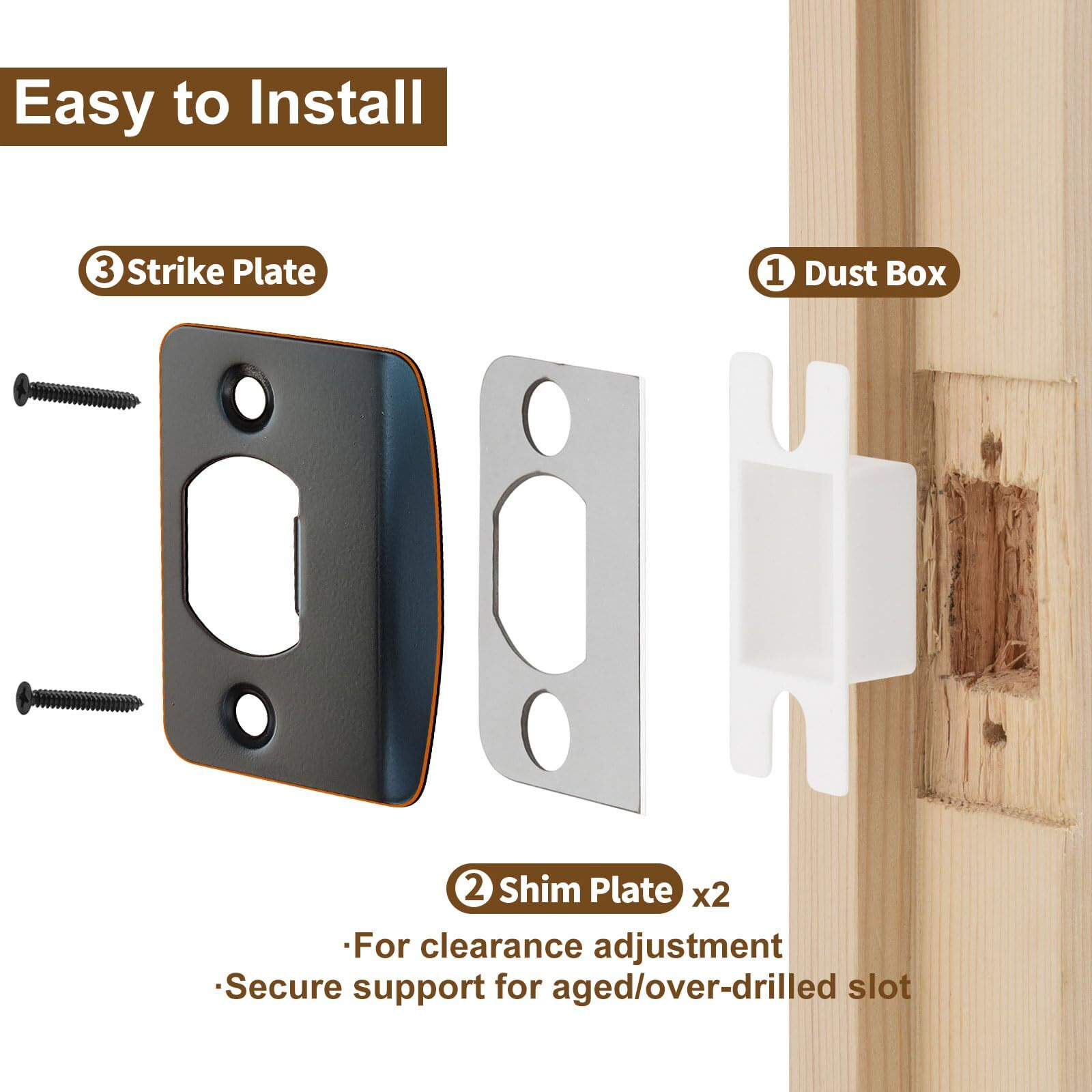 Mosecyou Standard Door Lock Strike Plate With Spacer Shim, Oil Rubbed Bronze, Door Latch Restorer, Universal Security Striker, Repair Kits To Fix Door Wont Latch Close