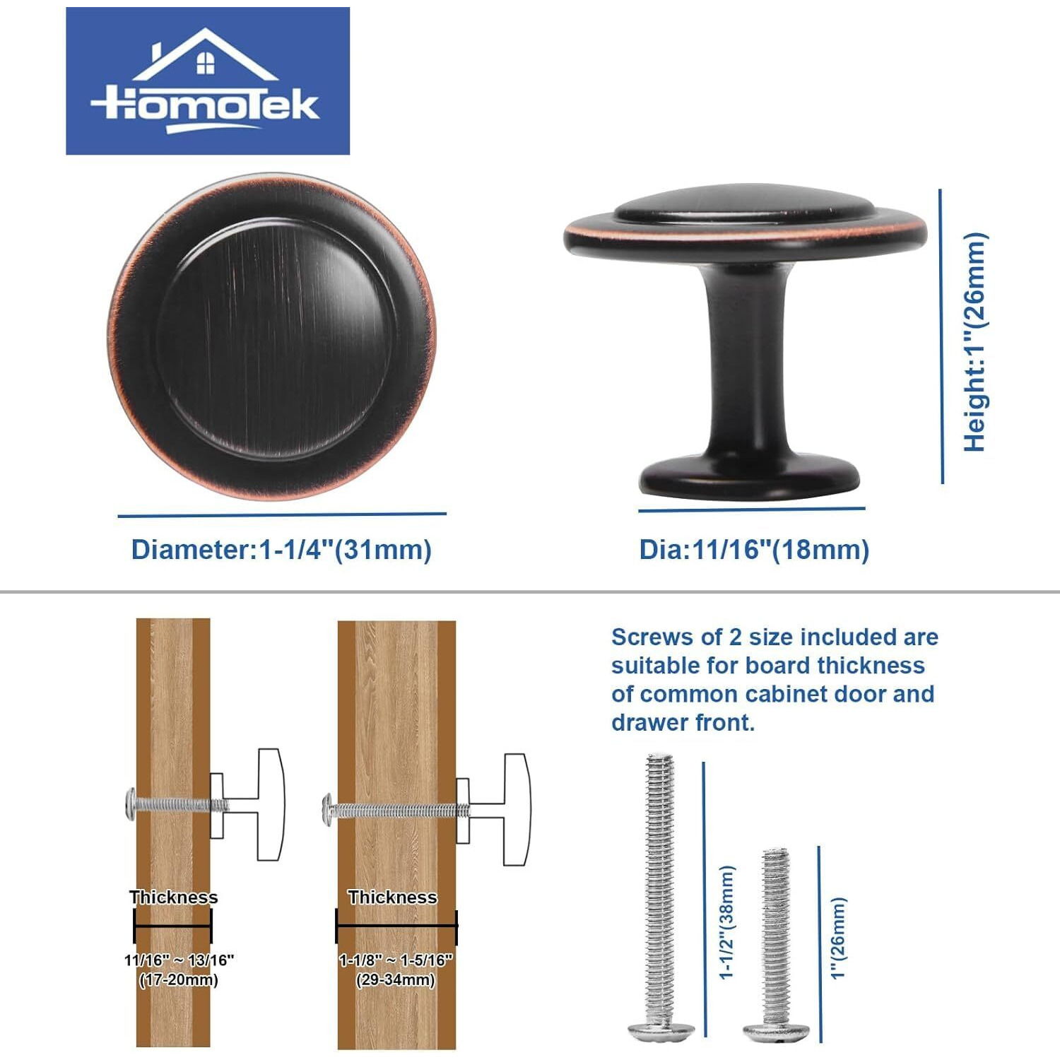 Homotek 25 Pack Cabinet Knobs Drawer Pulls Zinc Stepped Round Dresser Handles,Kitchen,Cupboard, Bathroom, Wardrobe, Cabinet Hardware,Oil Rubbed Bronze