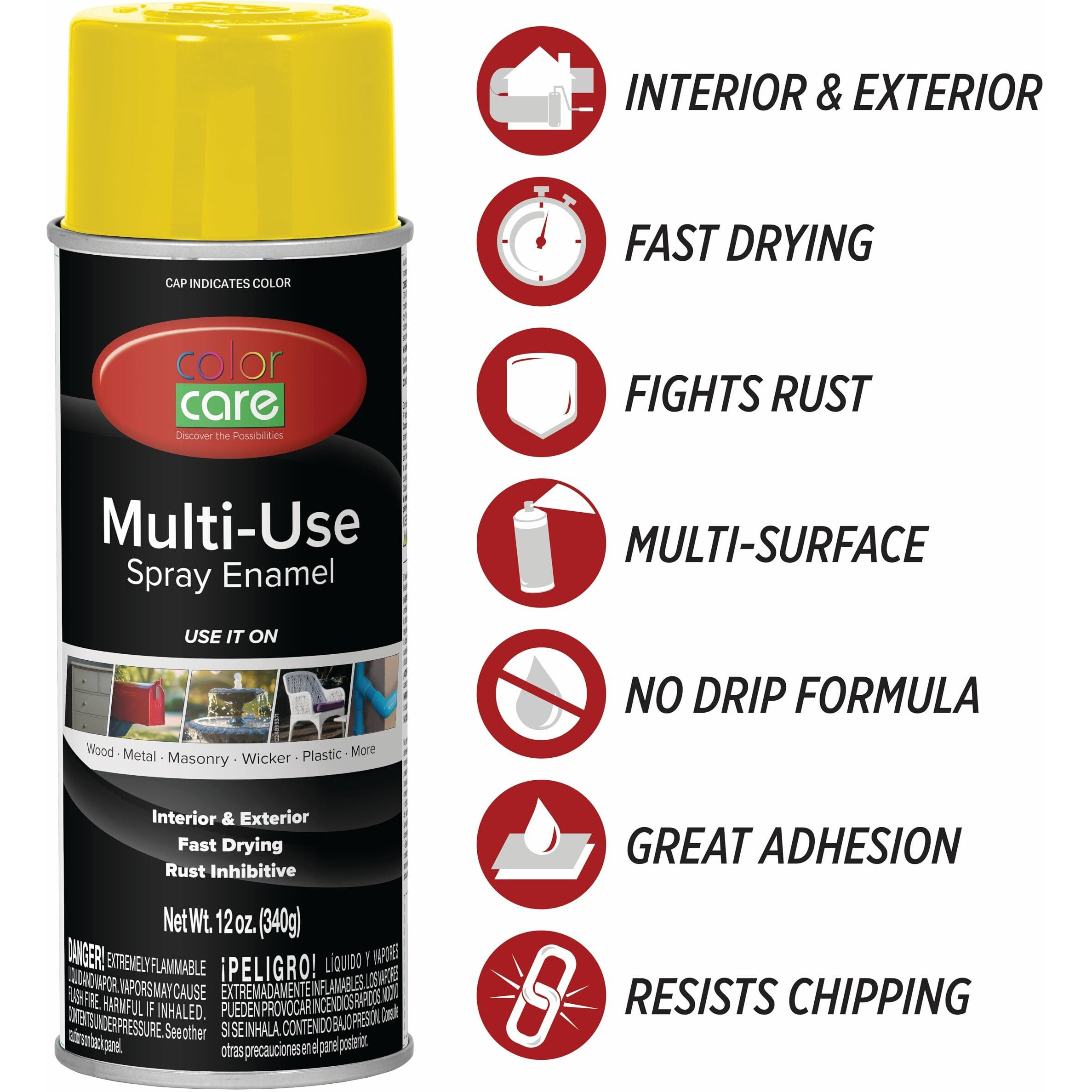 Color Care Spray Paint - 4 Pack Of 12 Oz. Cans, Oil Enamel, Rust Resistant, Quick Drying, No Drip Formula For Wood, Metal, Plastic, Masonry, Indoor & Outdoor Use (Yellow)