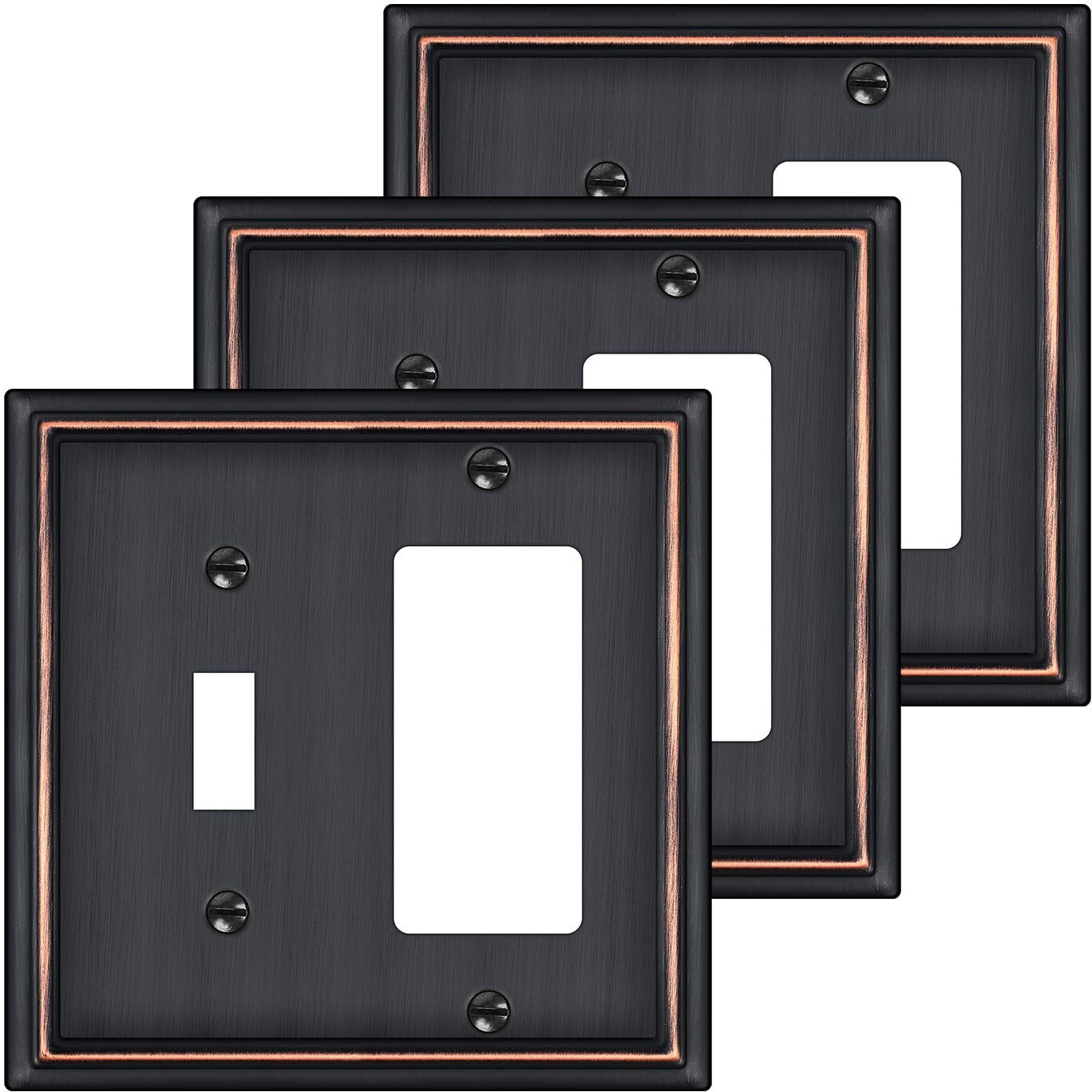 Combination Metal Light Switch Covers Wall Plate, 1 Toggle/1 Decorator Switch Plate Outlet Covers Oil Rubbed Bronze Decorative 2 Gang Wall Plate - Classic Style, 3 Pack