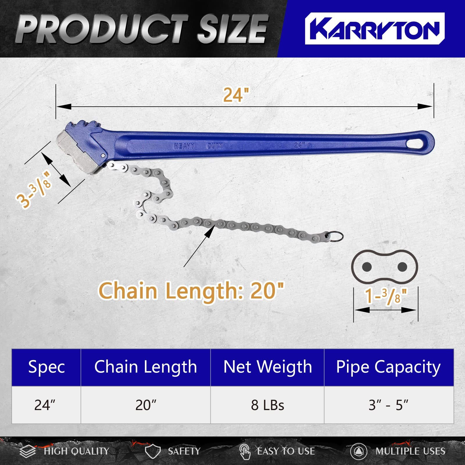 Karryton 24"" Chain Pipe Wrench 3"" - 5"" Pipe Diameters, 20 1/4 Inch Chain Length Max Breaking Load 11000Lbs, Heavy Duty Plumbing Tool For Pipe Installation, Oil Fields Operations And Maintenance
