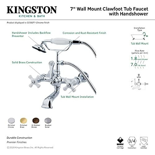 Kingston Brass Cc549T5 Vintage 7-Inch Spread Wall Mount Leg Tub Filler With Hand Shower, Oil Rubbed Bronze