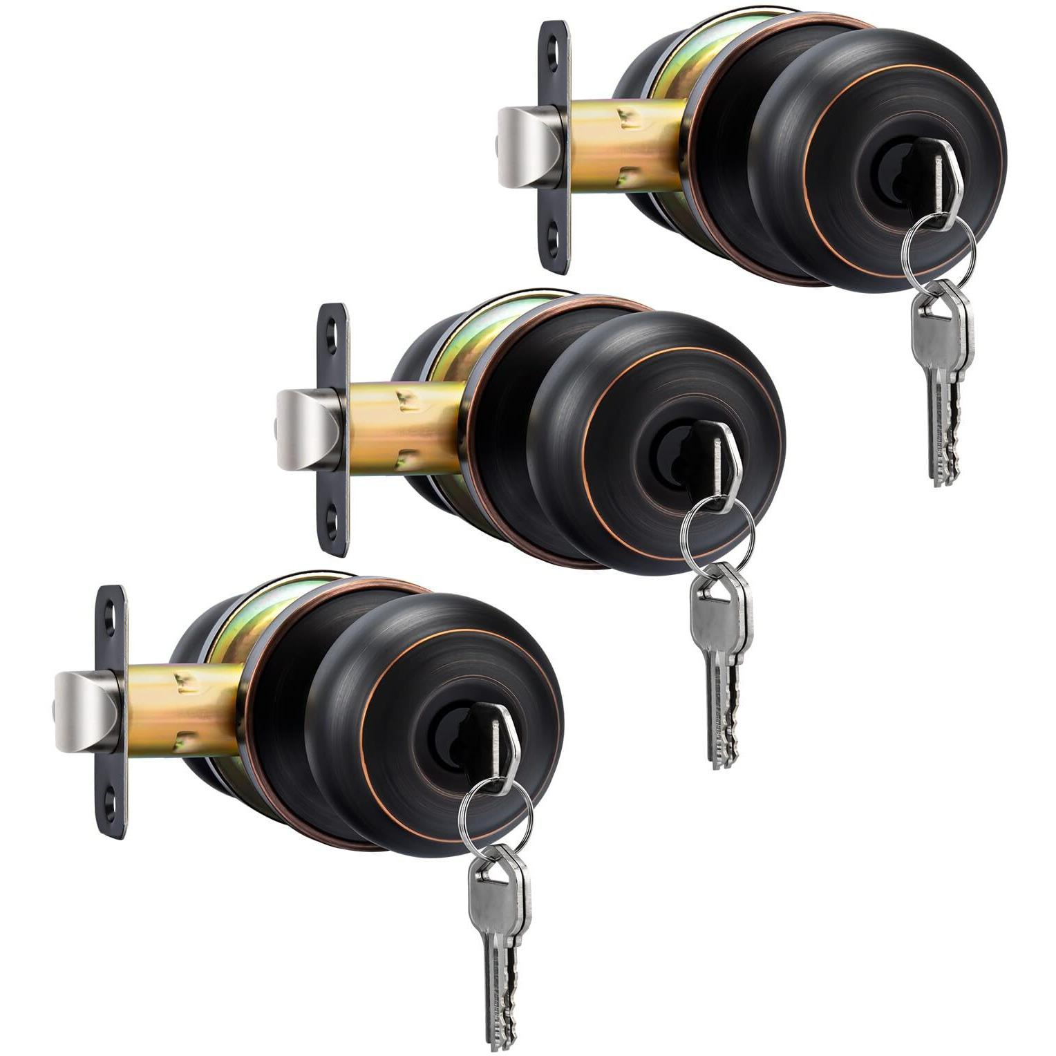 Goldenwarm 3 Pack Oil Rubbed Bronze Exterior Door Knobs Keyed Entry Door Knobs With Lock And Key, Bronze Entry Door Knob For Front Door