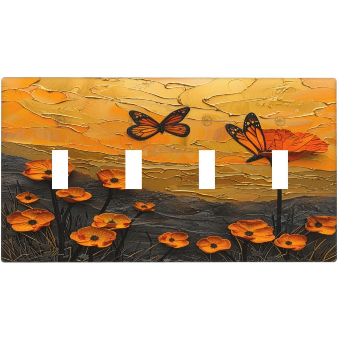 Xuejiaku Light Switch Cover Plate Oil Painting Abstract Orange Butterfly Flower 4 Gang Switch Plate Quad Toggle Wall Plates Decorative Switchplate Electrical Outlet Cover For Bedroom Home Decor