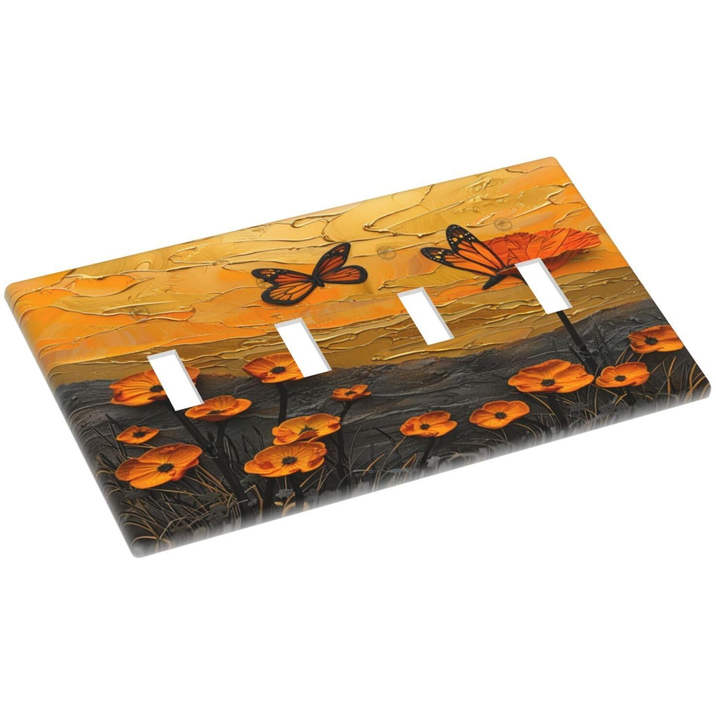 Xuejiaku Light Switch Cover Plate Oil Painting Abstract Orange Butterfly Flower 4 Gang Switch Plate Quad Toggle Wall Plates Decorative Switchplate Electrical Outlet Cover For Bedroom Home Decor