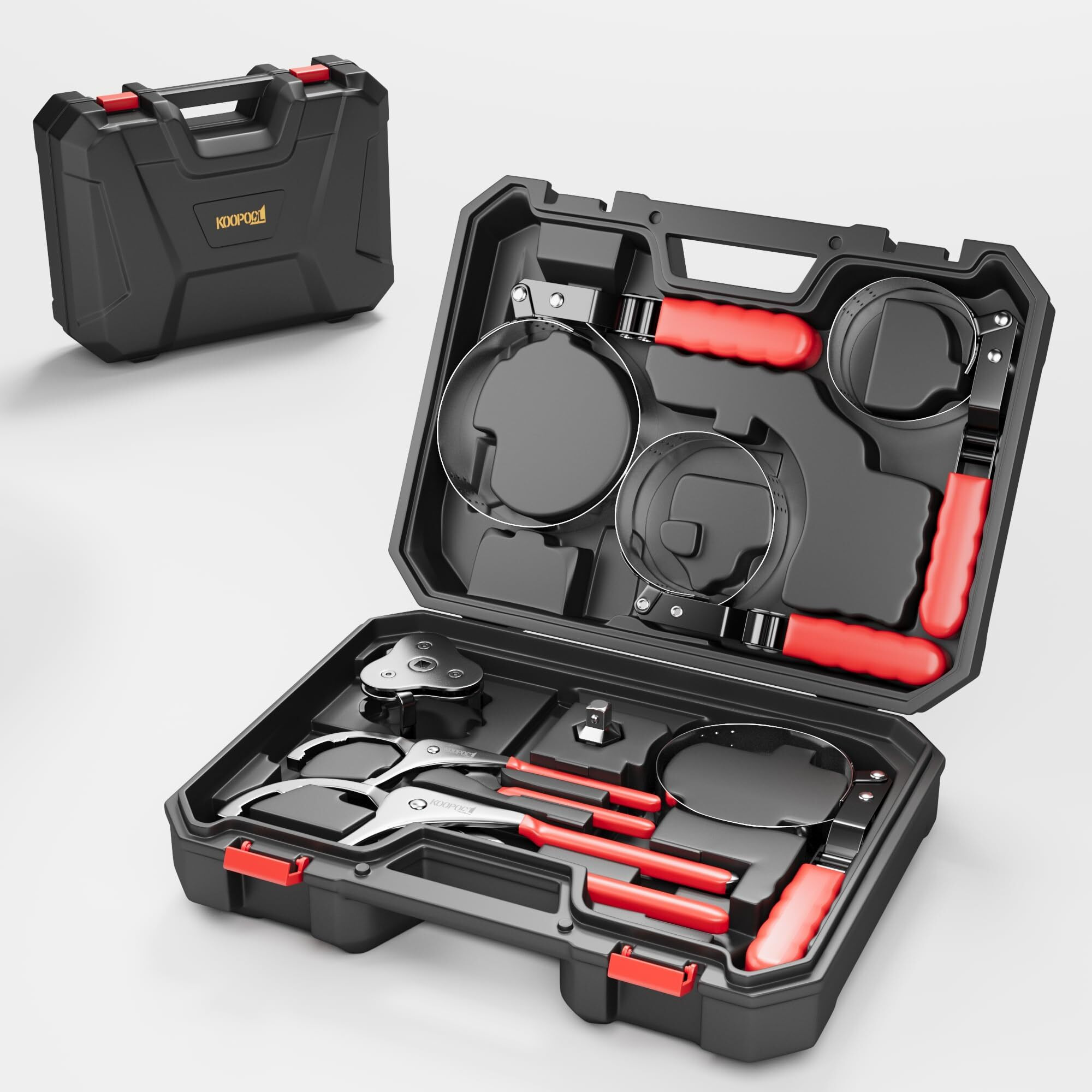 Koopool Oil Filter Wrench Set, 8 Piece Adjustable Oil Filter Pliers 2-3/4"" To 5-1/4"", 9"" & 12"" Universal Oil Filter Removal Tool With 1/2"" To 3/8"" Adapter, Organized In Storage Case (8-Piece Set)