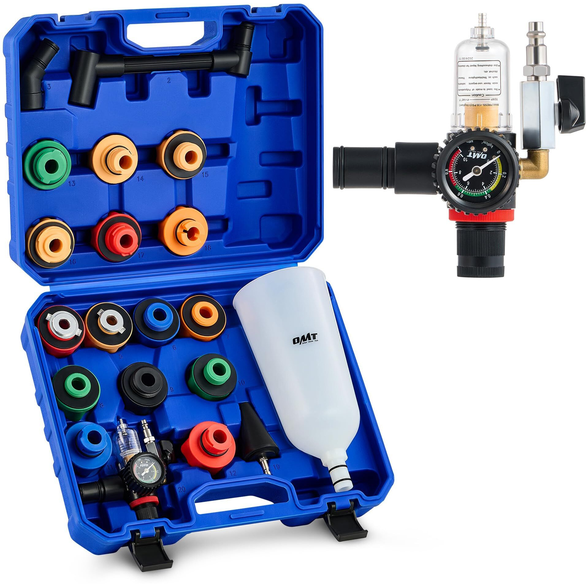 Orion Motor Tech 23Pc Oil Funnel Set, 2.2 Qt Funnel For Engine Oil Change With 15 Adapters Funnel Necks & Angled Extension Air Filter Regulator, Oil Filler Funnel Kit Compatible With Toyota Ford More