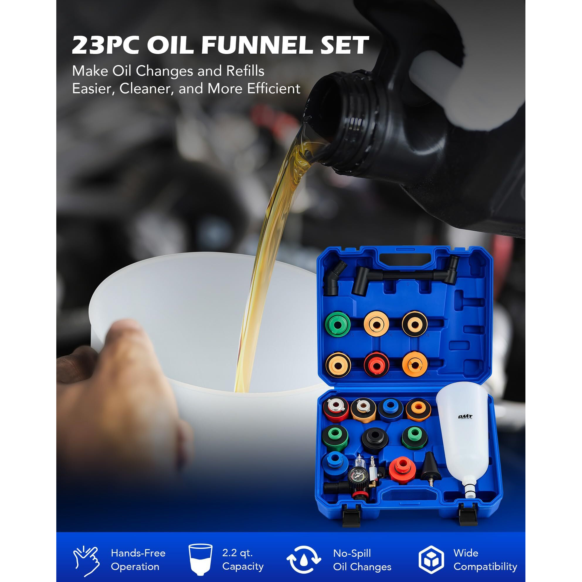 Orion Motor Tech 23Pc Oil Funnel Set, 2.2 Qt Funnel For Engine Oil Change With 15 Adapters Funnel Necks & Angled Extension Air Filter Regulator, Oil Filler Funnel Kit Compatible With Toyota Ford More