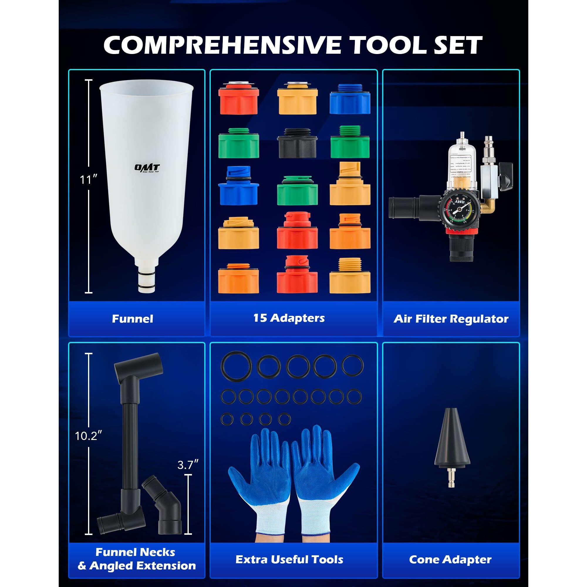 Orion Motor Tech 23Pc Oil Funnel Set, 2.2 Qt Funnel For Engine Oil Change With 15 Adapters Funnel Necks & Angled Extension Air Filter Regulator, Oil Filler Funnel Kit Compatible With Toyota Ford More