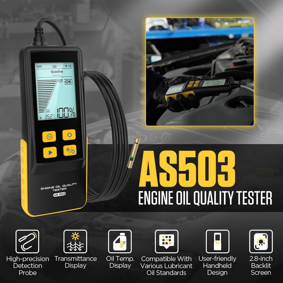 Engine Oil Tester Gasoline & Diesel As503 Motorcycle Engine Oil Quality Tester Kit Transmittance & Temperature Analysis Detector With 800Mm High Precision Probes,2.8'' Backlit Display