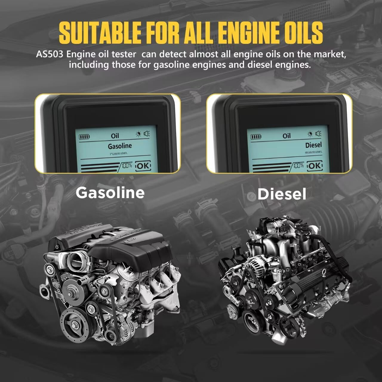 Engine Oil Tester Gasoline & Diesel As503 Motorcycle Engine Oil Quality Tester Kit Transmittance & Temperature Analysis Detector With 800Mm High Precision Probes,2.8'' Backlit Display