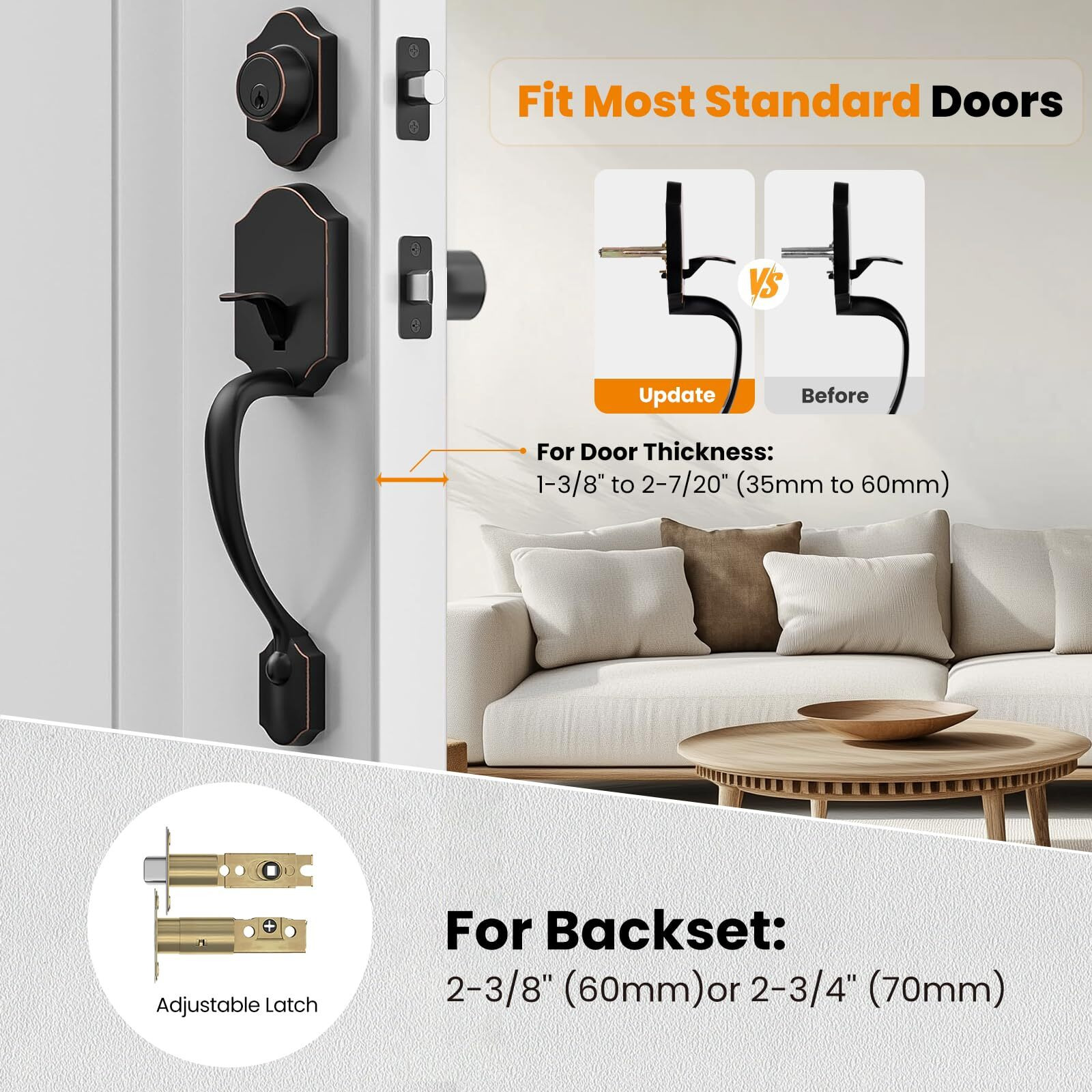 Hosom Front Door Handle And Deadbolt Set, Single Cylinder Exterior Front Door Lock Set With Interior Door Knob, Front Door Knob Reversible For Right And Left Handed, Oil Rubbed Bronze