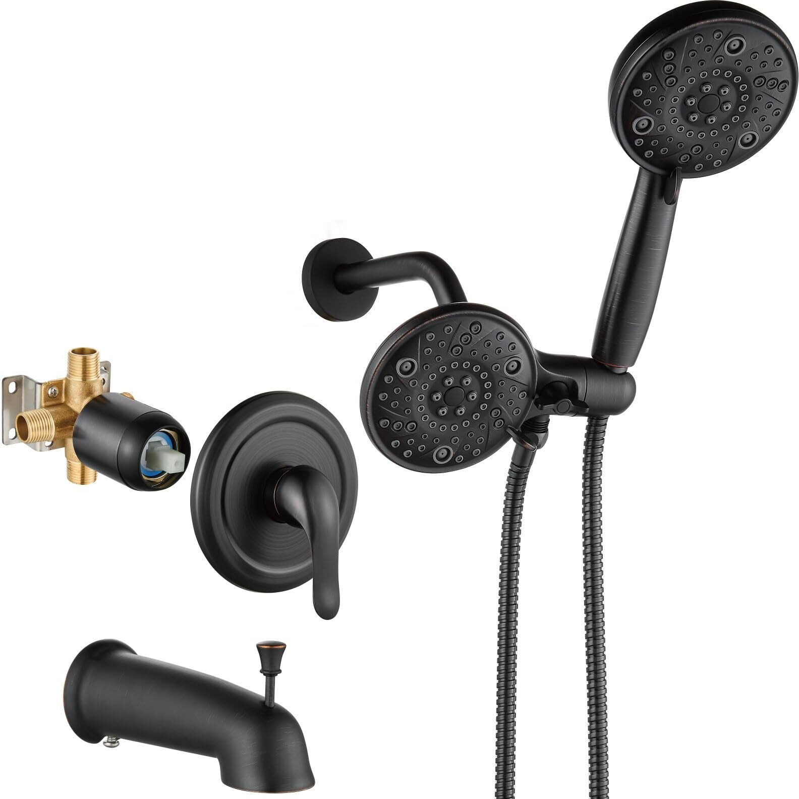 Aolemi Tub Shower Faucet Set With Tub Spout Rain Shower Head System Shower Trim Kit Pressure Rough-In Valve Included Abs 8 Setting Dual Shower Head And Handheld Spray Oil Rubbed Bronze