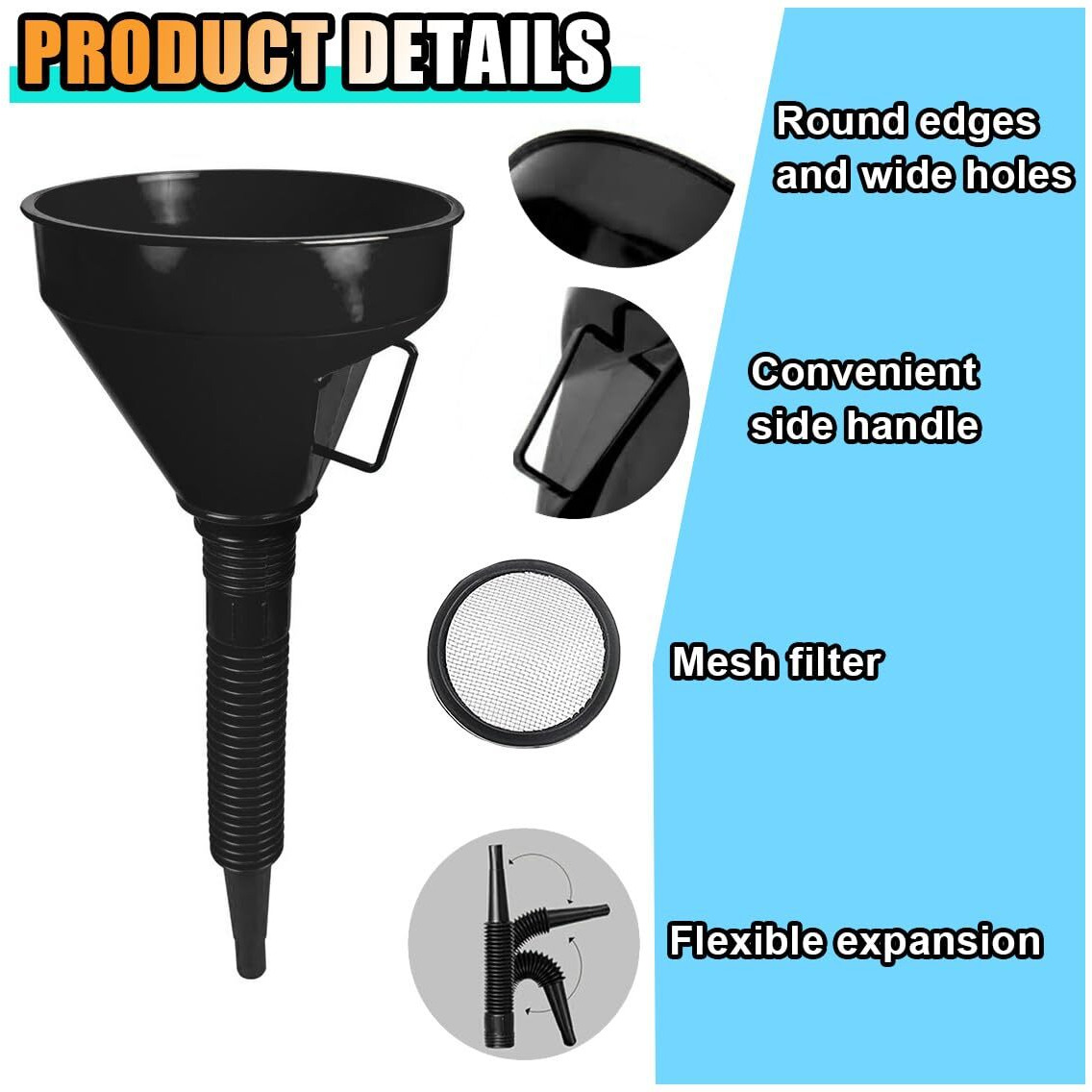 Wide Mouth Oil Funnel With Handle, Automotive Flex Funnel With Flexible Spout Extension Nozzle Hose Mesh Screen Filter For Cars Motorcycles Engine Oil, Liquid, Diesel, Kerosene, Gasoline