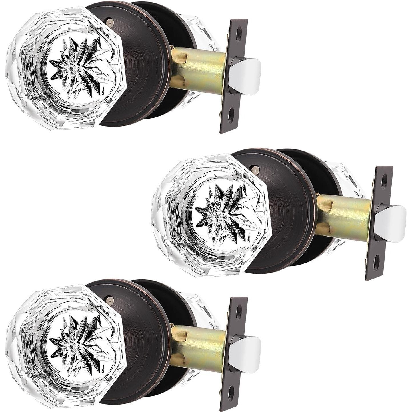 Orger 3 Pack Glass Door Knobs With Oil Rubbed Bronze Rosette, Bath/Bed Door Knobs For Privacy Use, Keyless Interior Door Handles With Diamond Shape Crystal Glass And Zinc Alloy Base