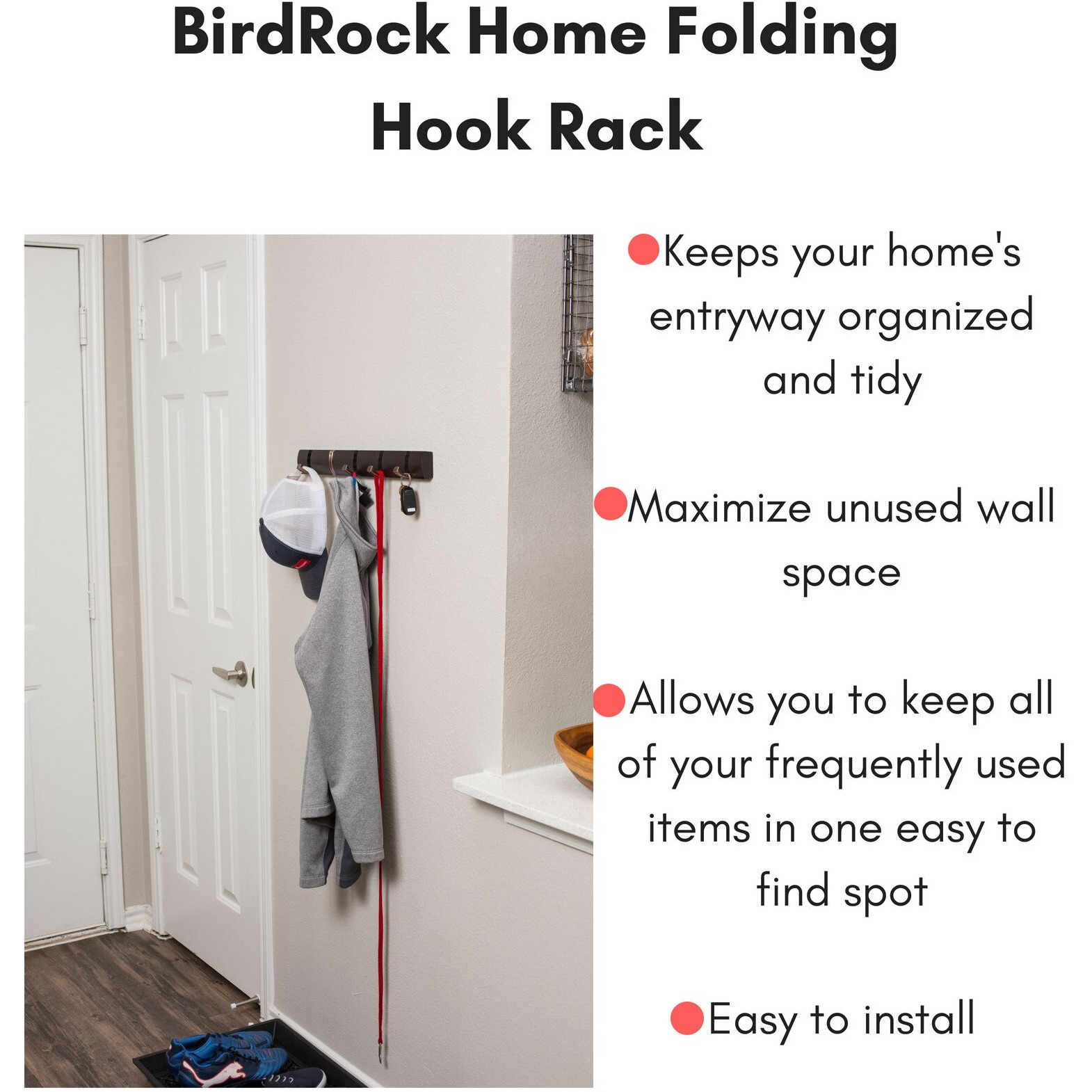 Birdrock Home Folding Hook Coat And Hat Rack - 5 Hooks - 18 Inches - Wall Mount - Decorative Home Storage - Entryway Foyer Hallway Bathroom Bedroom Rail - Oil Rubbed Bronze Hooks - Brown Rai