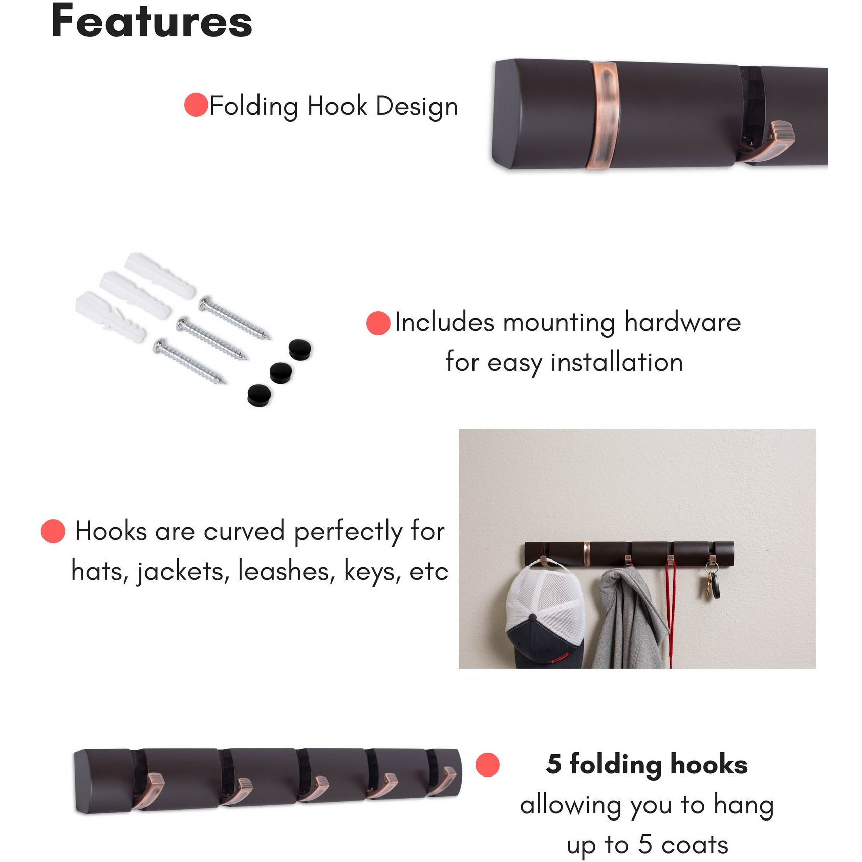 Birdrock Home Folding Hook Coat And Hat Rack - 5 Hooks - 18 Inches - Wall Mount - Decorative Home Storage - Entryway Foyer Hallway Bathroom Bedroom Rail - Oil Rubbed Bronze Hooks - Brown Rai