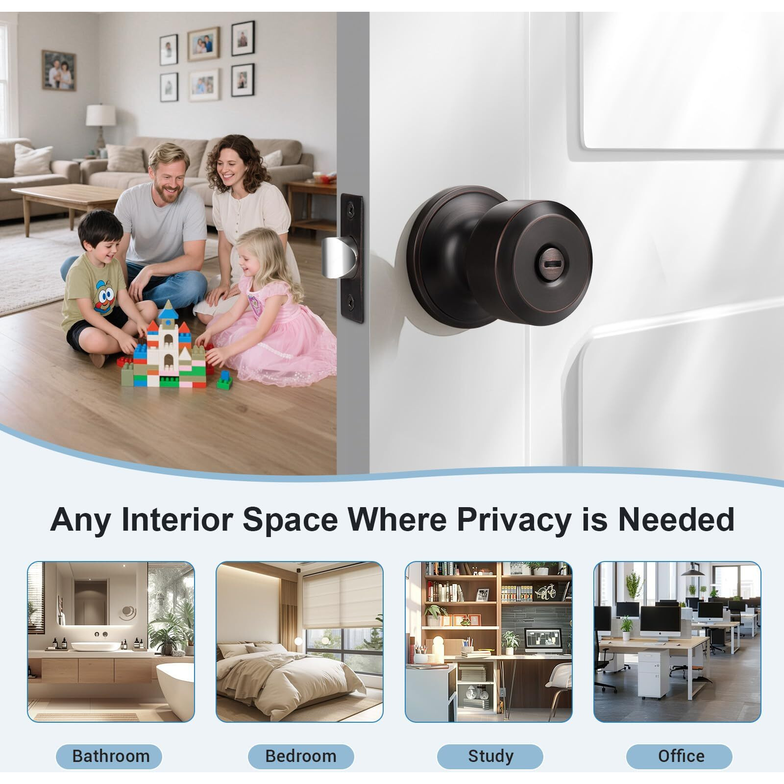 Knobwell Interior Door Knobs With Cylindrical Shape Knob, Oil Rubbed Bronze Door Knob For Bedroom Bathroom, Keyless Privacy Door Knob With Lock, Stainless Steel Door Handle, 3 Pack