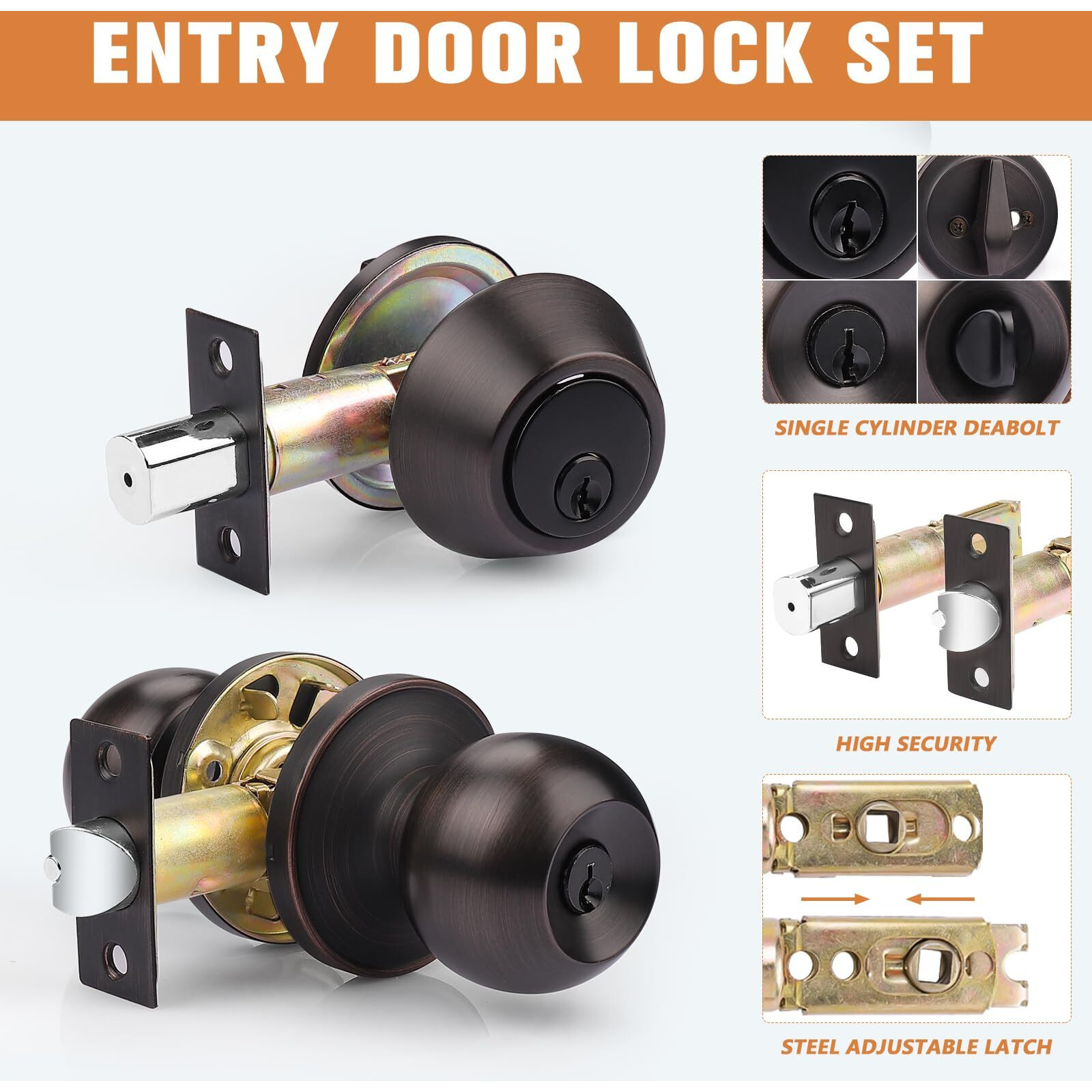 Probrico 1 Sets-Entry Door Knob Lockset And Single Cylinder Deadbolt Combination Set, Keyed Alike Front Handlesets In Oil Rubbed Bronze